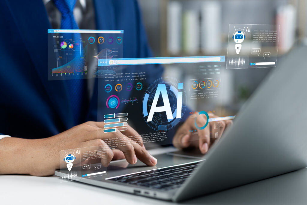 Person using a laptop with AI assistant graphics overlaid